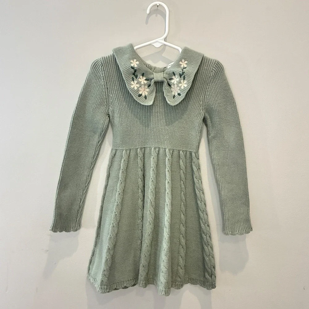 Cupcakes & Cashmere Girls XS‎ 4 Mint Green Cable Knit Sweater Dress Embroidered
